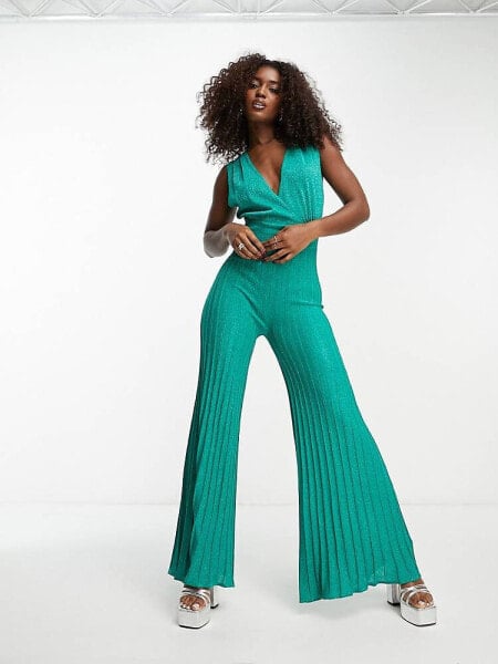 Morgan glitter plunge front pleated wide leg jumpsuit in green