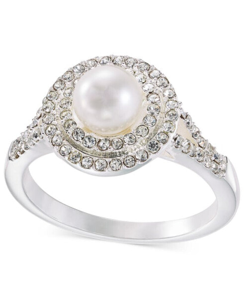 Silver-Tone Pavé & Imitation Pearl Halo Ring, Created for Macy's