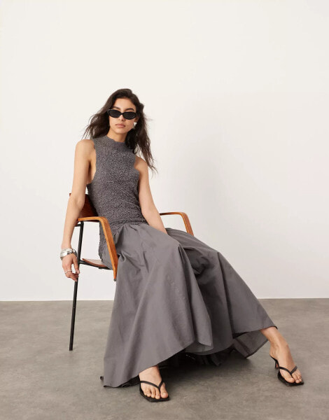 ASOS EDITION cotton shirred high neck midi dress with drop waist in charcoal