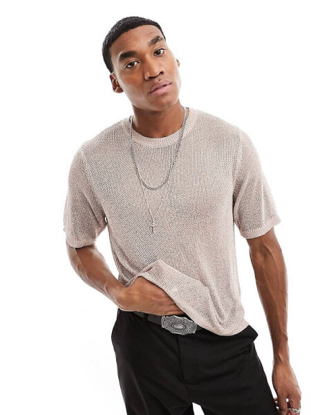 ASOS DESIGN knitted metallic mesh t-shirt in silver