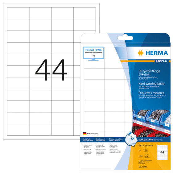HERMA Labels hard-wearing A4 48.3x25.4 mm white strong adhesion film matt weatherproof 1100 pcs. - White - Self-adhesive printer label - A4 - Laser - Permanent - Matte