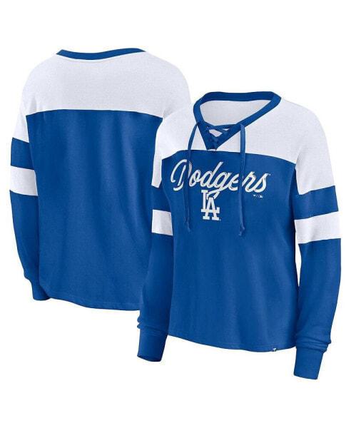 Women's Royal, White Los Angeles Dodgers Even Match Lace-Up Long Sleeve V-Neck T-shirt