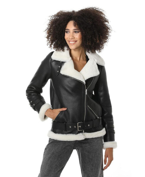 Women's Shearling Belted Biker Jacket, Silky Black with White Wool