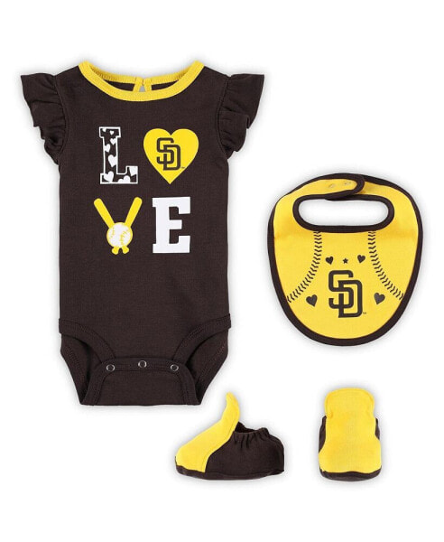 Newborn and Infant Boys and Girls Brown, Gold San Diego Padres Three-Piece Love of Baseball Bib Bodysuit and Booties Set