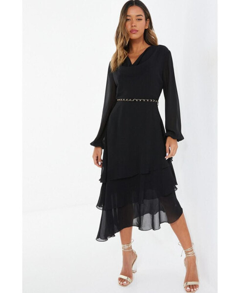 Women's Black Long Sleeve Chain Belt Dress