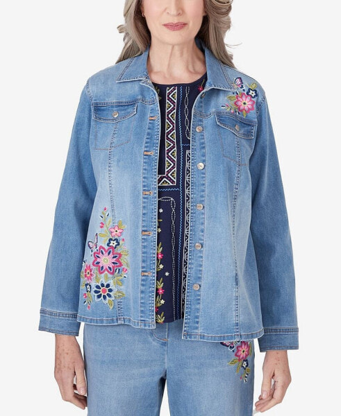 Petite in Full Bloom Butterfly Embroidered Denim Jacket