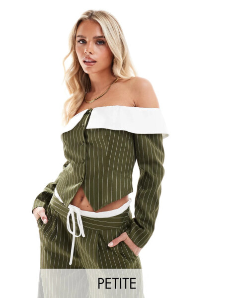 Extro & Vert Petite longline corset bandeau blazer top in khaki stripe co-ord