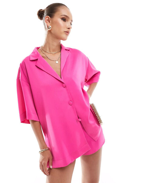 ASOS DESIGN satin revere co-ord shirt in pink