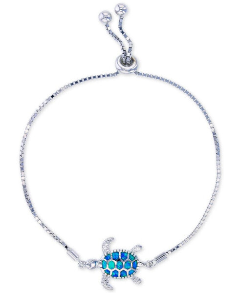 Lab-Created Blue Opal Turtle Bolo Bracelet in Sterling Silver