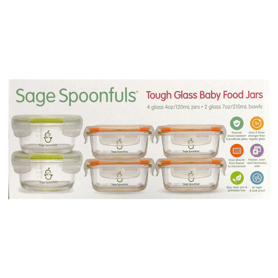 Контейнеры для еды Sage Spoonfuls Tough Glass Baby Food Jars, Combo Pack, 6 Pack