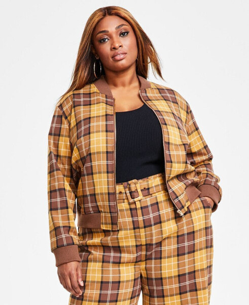 Trendy Plus Size Plaid Bomber Jacket