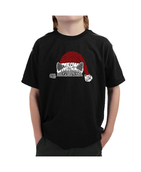 Child Christmas Peeking Cat - Boy's Word Art T-Shirt