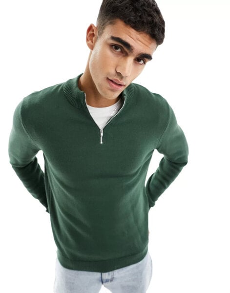 ASOS DESIGN midweight cotton knitted 1/4 zip jumper in green