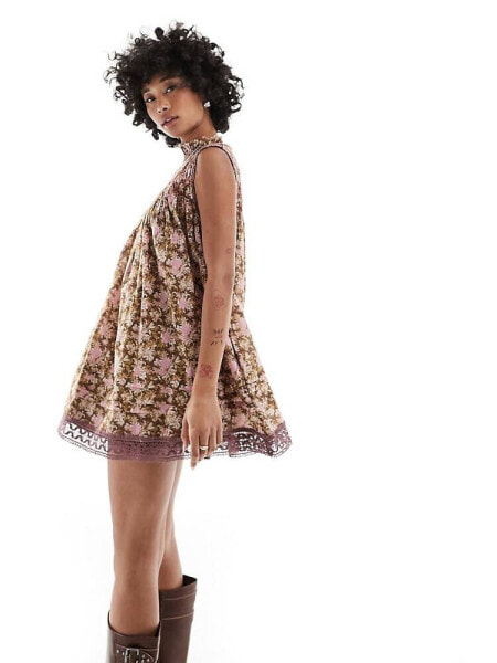 Free People vintage floral mini smock dress in chocolate and pink