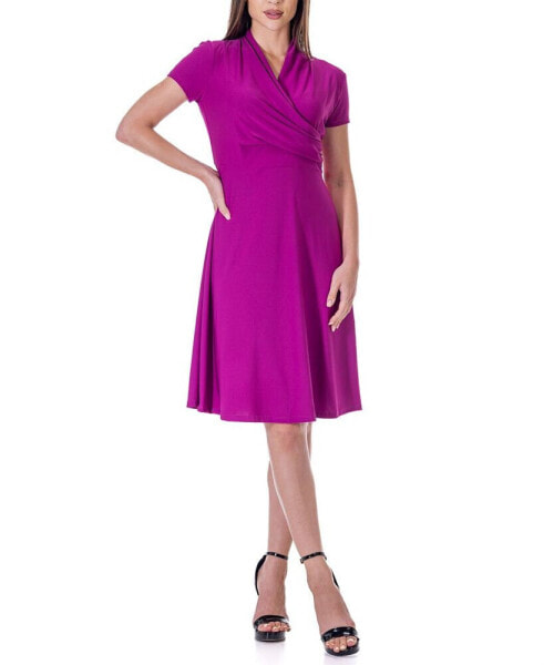 Short Sleeve Knee Length V Neck Rouched Wrap Dress