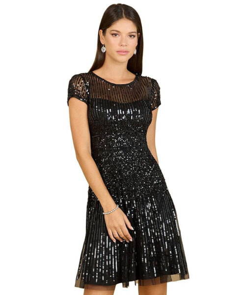 Women's Cap Sleeve Sequin Short Dress in Black