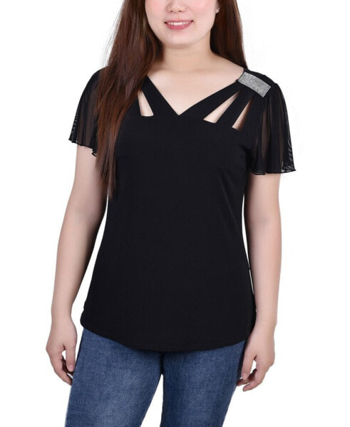 Women's Short Flutter Sleeve Top with Cutouts and Stones