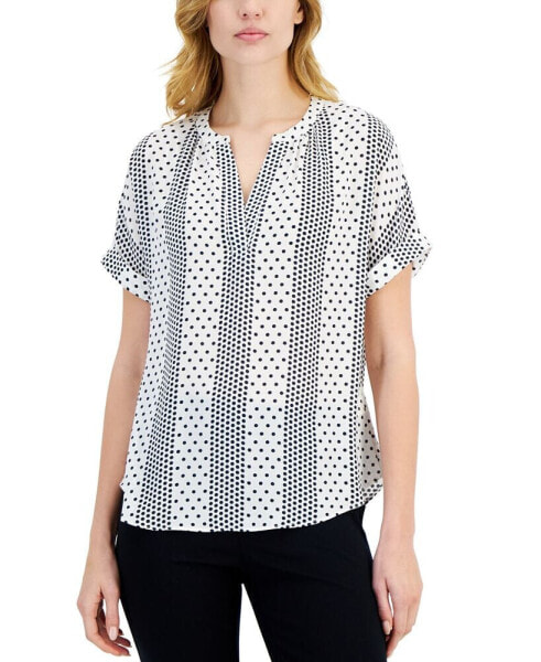 Women's Printed Split-Neck Rolled-Cuff Top