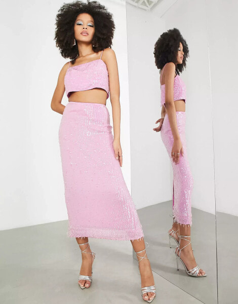 ASOS EDITION sequin pencil midi skirt in pink