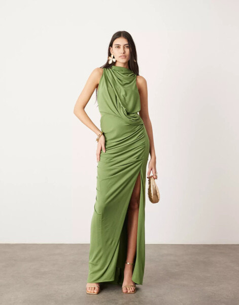 ASOS EDITION sleeveless drape detail maxi dress with plate trim in green