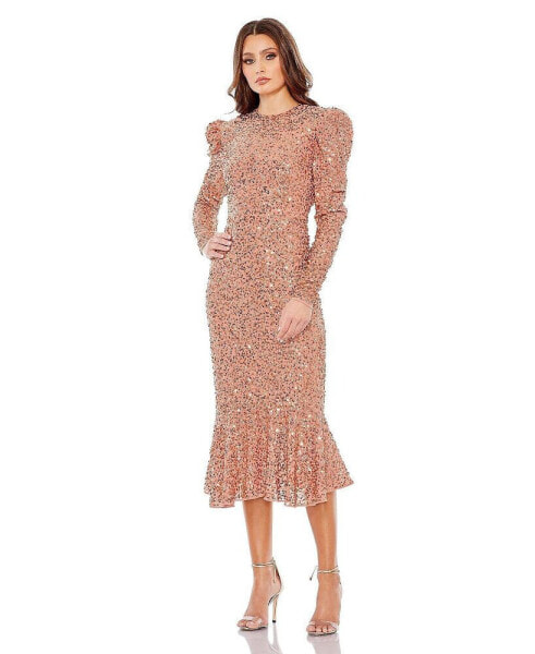 Women's Sequined Long Sleeve High Neck Trumpet Dress