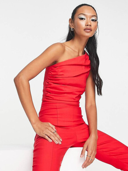 Vesper one shoulder ruched crop top co-ord in red