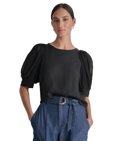 Women's Mixed-Media Chiffon Puff-Sleeve Top