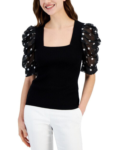 Women's Polka-Dot-Sleeve Knit Top