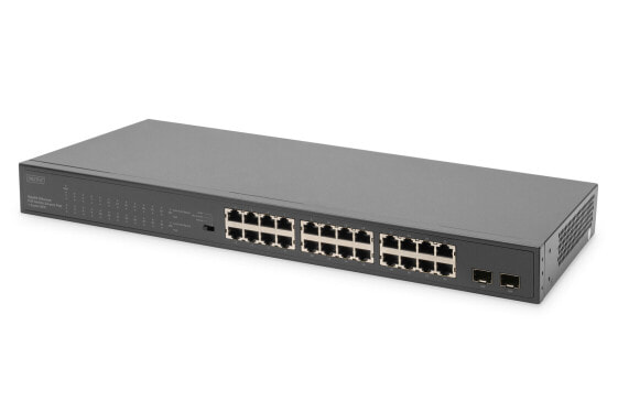 DIGITUS 24-Port Gigabit PoE Networkswitch,19 Zoll, unmanaged,2 Uplink Ports, SFP, 370 W, af/at