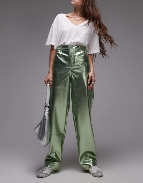 Topshop straight leg faux leather trouser in metallic green