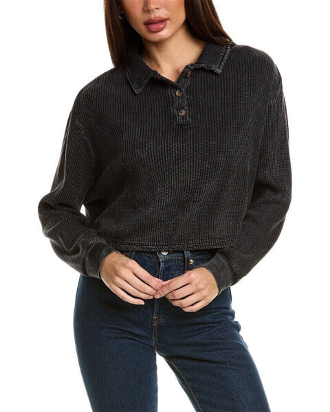 Brook + Lynn Waffle Knit Crop Pullover Women's Black L