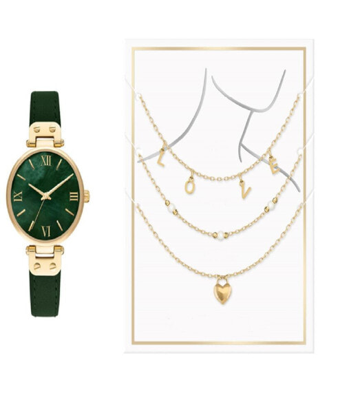 Women's Quartz Green Polyurethane Leather Watch 34mm Gift Set