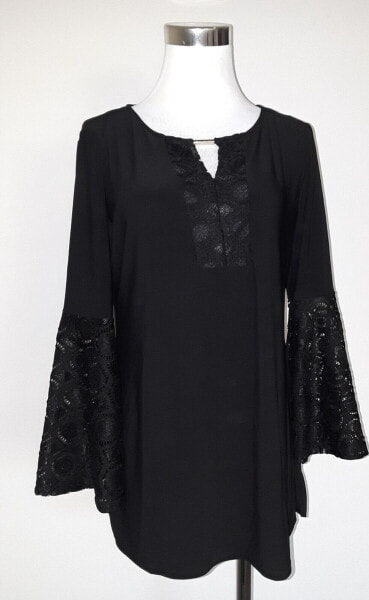 JM Collection Women's Lace Trim Bell Sleeve Blouse Black XS