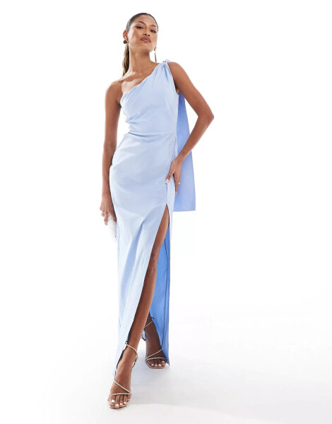 Vesper one shoulder drape detail thigh split maxi dress in baby blue