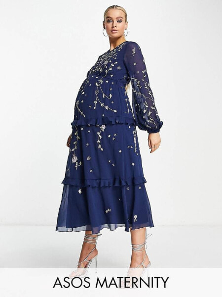 ASOS DESIGN Maternity embellished tiered midi dress with wild bloom floral embrodiery in navy