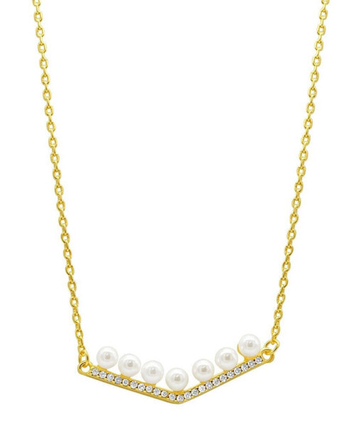 14K Gold-Plated Crystal Imitation Pearl Bar V-Necklace