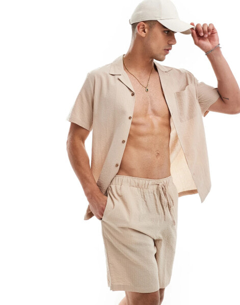 South Beach tonal seersucker stripe beach shirt co-ord in oat