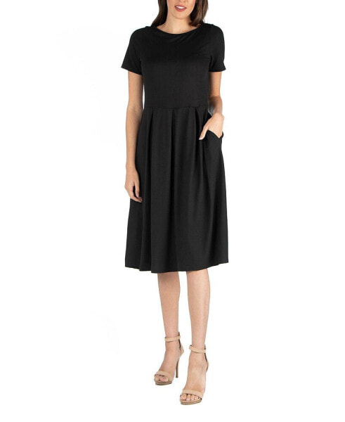 Women's Midi Dress with Short Sleeves and Pocket Detail