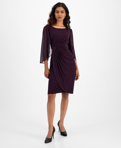 Petite Chiffon Cape-Sleeve Sheath Dress