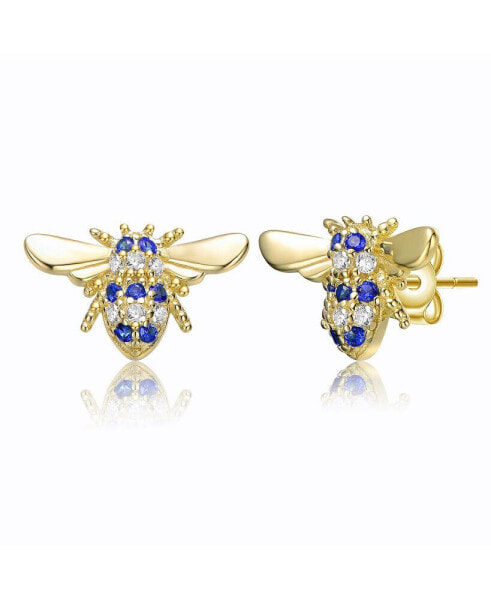 Sterling Silver Mini 14k Yellow Gold Plated with Cubic Zirconia Pave Wasp Stud Earrings