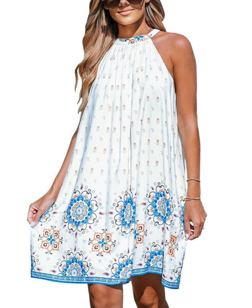 Women's White Boho Floral High Neck Mini Beach Dress