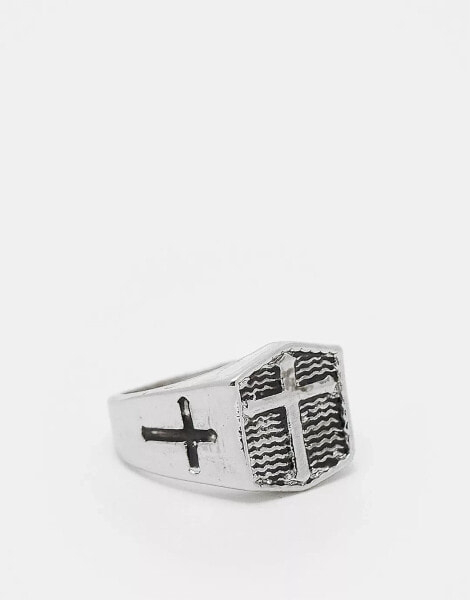 ASOS DESIGN signet ring with cross in burnished silver