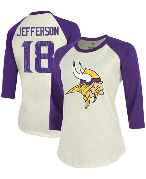 Women's Justin Jefferson Cream, Purple Minnesota Vikings Player Raglan Name Number 3/4 Sleeve T-shirt