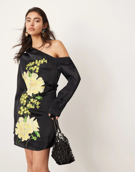 ASOS EDITION satin floral embroidered off shoulder long sleeve mini dress in black