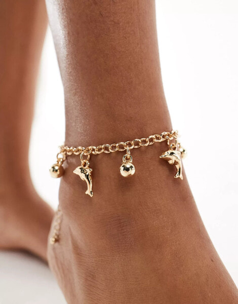 DesignB London dolphin charm anklet in gold