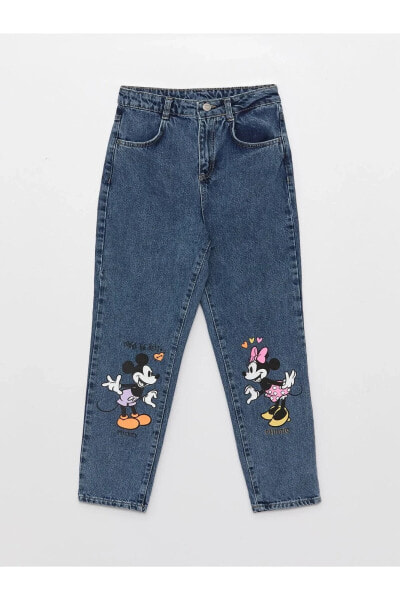 Mom Fit Minnie Ve Mickey Mouse Baskılı Kız Çocuk Jean Pantolon