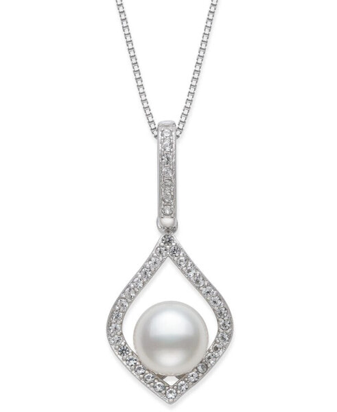 Cultured Freshwater Pearl (7mm) & Cubic Zirconia 18" Pendant Necklace in Sterling Silver