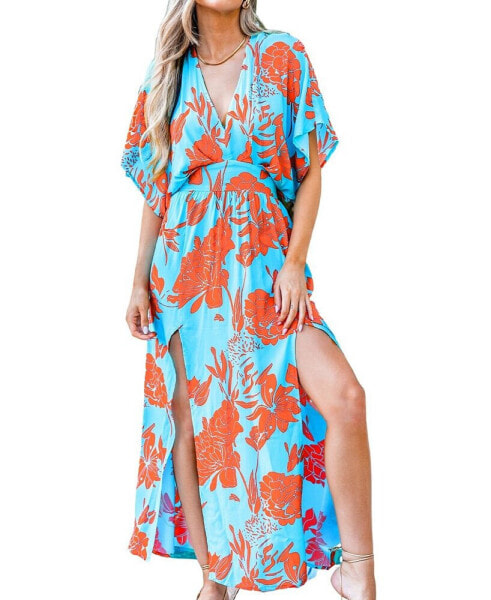 Women's Leaf Print Dolman Sleeve Maxi Beach Dress