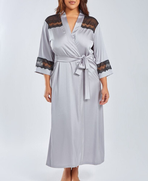 Plus Size Silky Stretch Satin Long Robe with Lace Trims