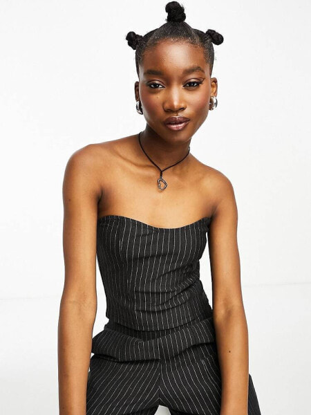 Noisy May sweetheart neckline bandeau co-ord in grey pinstripe